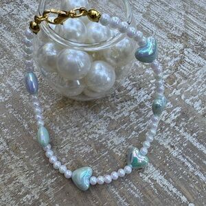New Handmade Elegant white color bead and blue Heart Bead Bracelet